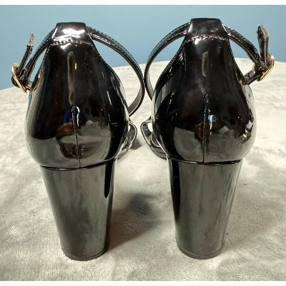 Unisa Undallie Sandals Womens 8.5 Black Patent Gold Chain Ankle Strap Heels